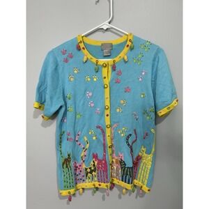 Vtg Berek Short Sleeve Knit Cat Novelty Cardigan Sweater Sz S Dangle Mice Beaded